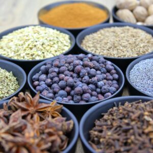 Top view of assorted spices in black bowls showcasing different colors and textures.